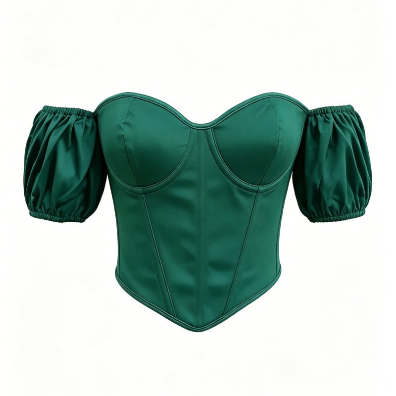 Boning Corset Steel - Seksi Yeşil Saten Korse Üst Kısa